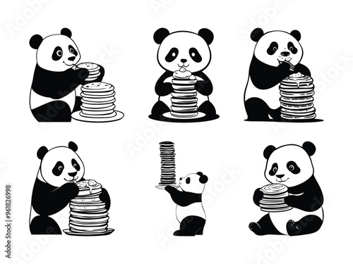 Adorable Panda Eating Pancakes Silhouette Set - Perfect for Cute and Fun Designs