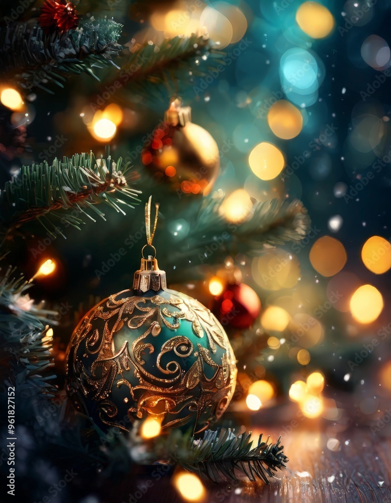 christmas ball on tree with bo lights in the background christmas ball on tree with bo lights in the background