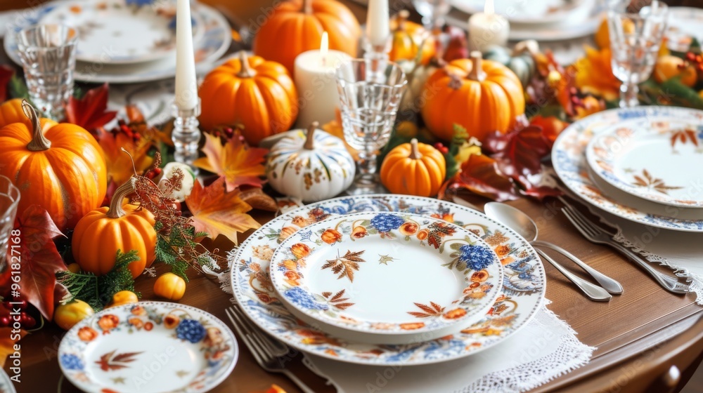 A festive Thanksgiving table setting decorated with pumpkins, autumn leaves, and elegant dinnerware. The vibrant colors and detailed arrangement create a warm and celebratory atmosphere, perfect for a A festive Thanksgiving table setting decorated with pumpkins, autumn leaves, and elegant dinnerware. The vibrant colors and detailed arrangement create a warm and celebratory atmosphere, perfect for a