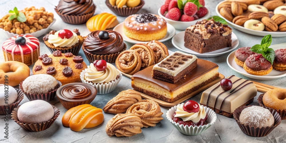 Assortment of freshly baked desserts and treats on a light background, desserts, bakery, assortment, treats, delicious Assortment of freshly baked desserts and treats on a light background, desserts, bakery, assortment, treats, delicious