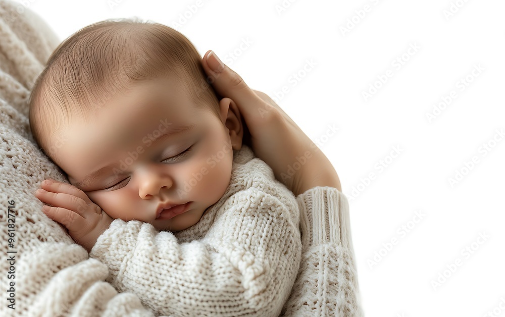 Tender Motherly Love - Close-up of Mother's Arms Cradling Sleeping Baby in Peaceful Studio Setting Tender Motherly Love - Close-up of Mother's Arms Cradling Sleeping Baby in Peaceful Studio Setting