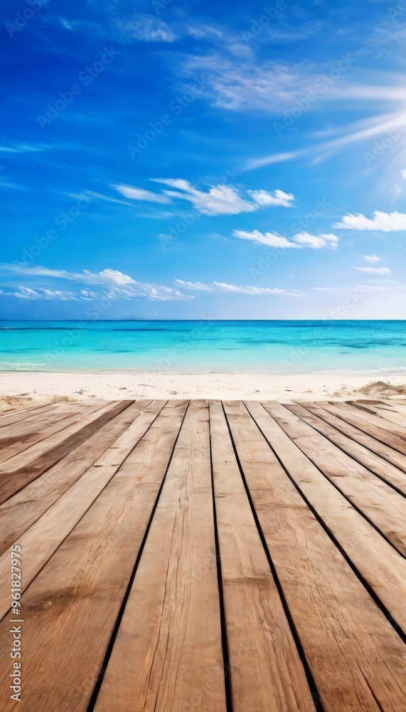 Fototapeta premium wooden floor on the beach with blue sky and white clouds