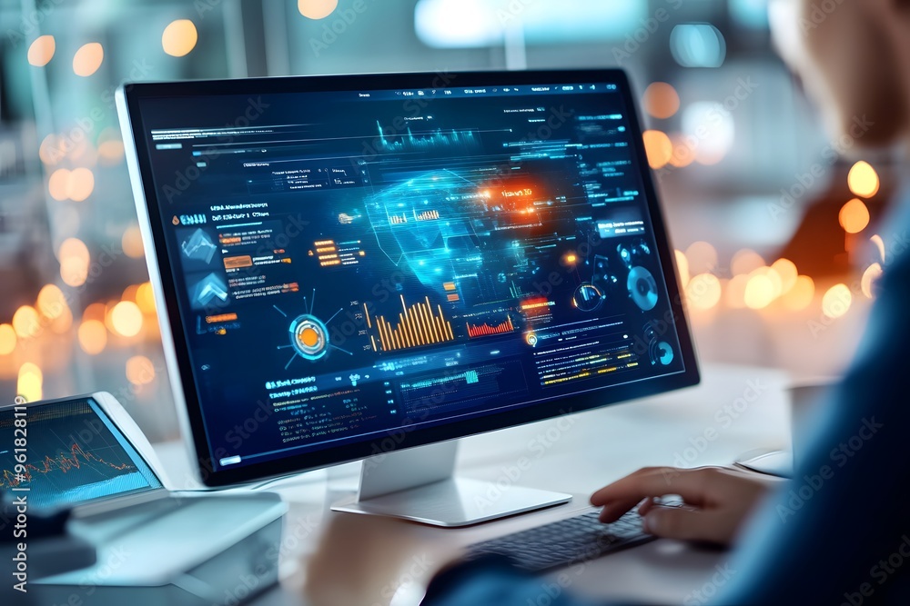 Man Working on Computer with Data Analysis and Charts on Screen. Man Working on Computer with Data Analysis and Charts on Screen.