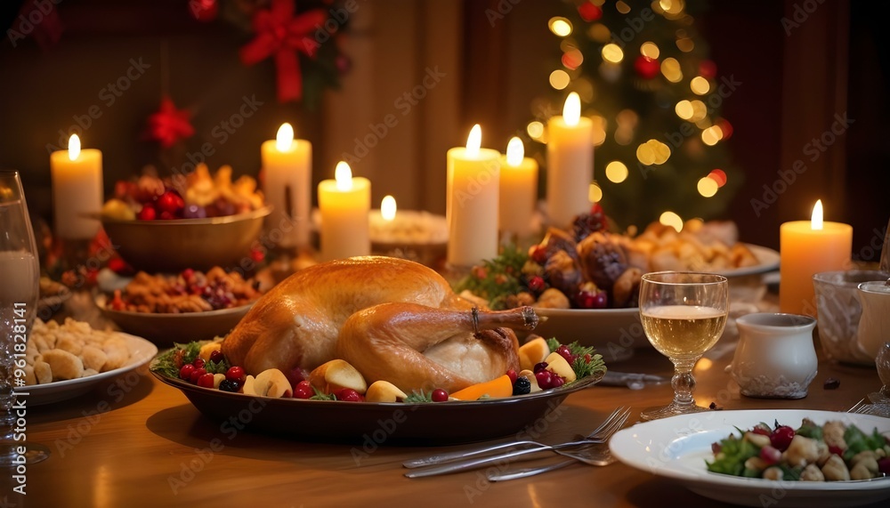 A festive holiday table with various traditional Christmas dishes including roasted turkey, stuffing, cranberries, and other side dishes. A festive holiday table with various traditional Christmas dishes including roasted turkey, stuffing, cranberries, and other side dishes.