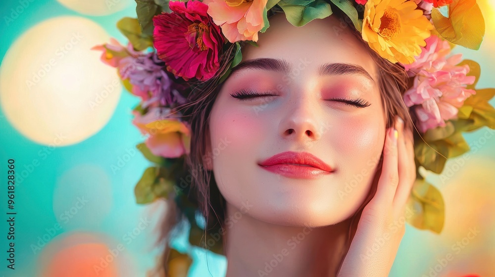 A serene woman with a flower crown, radiating beauty and joy amidst a colorful, vibrant background. A serene woman with a flower crown, radiating beauty and joy amidst a colorful, vibrant background.