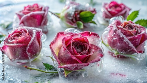Frozen roses covered in a thin layer of ice , winter, flowers, petals, icy, cold, delicate, beautiful, nature, frost, chilly
