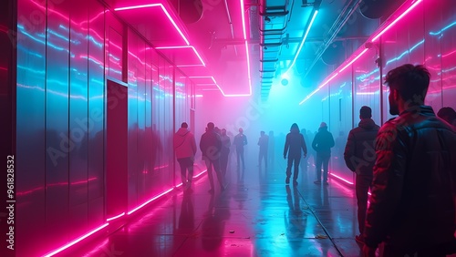 Rave Scene with Neon Pink and Cyan Lasers Reflecting on Metallic Surfaces in Foggy Atmosphere