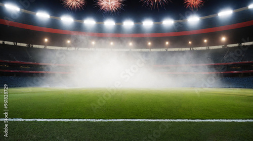 Empty Soccer Stadium with Fireworks and Fog at Night