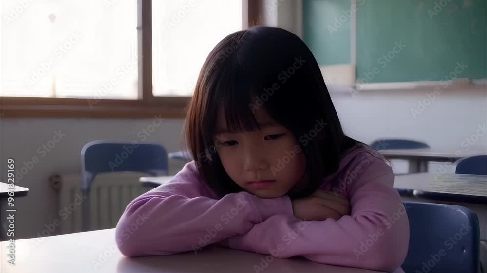 A lone anime girl sits in an empty classroom after school, her head resting on her arms atop her desk. The soft afternoon light streams through the window A lone anime girl sits in an empty classroom after school, her head resting on her arms atop her desk. The soft afternoon light streams through the window