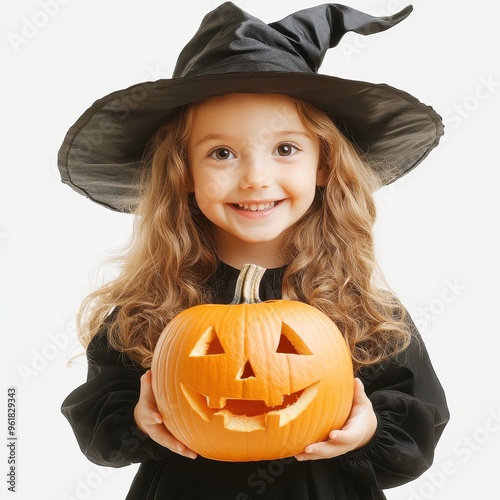 Happy young girl wearing witch costume holding a carved pumpkin for halloween