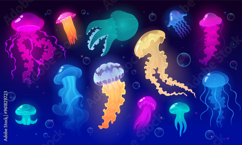 Cute jellyfish. Cartoon medusa. Ocean animal. Underwater life art design. Glowing water plankton with poisonous tentacles. Sea nature. Tropical marine fauna. Vector aquatic invertebrate creatures set