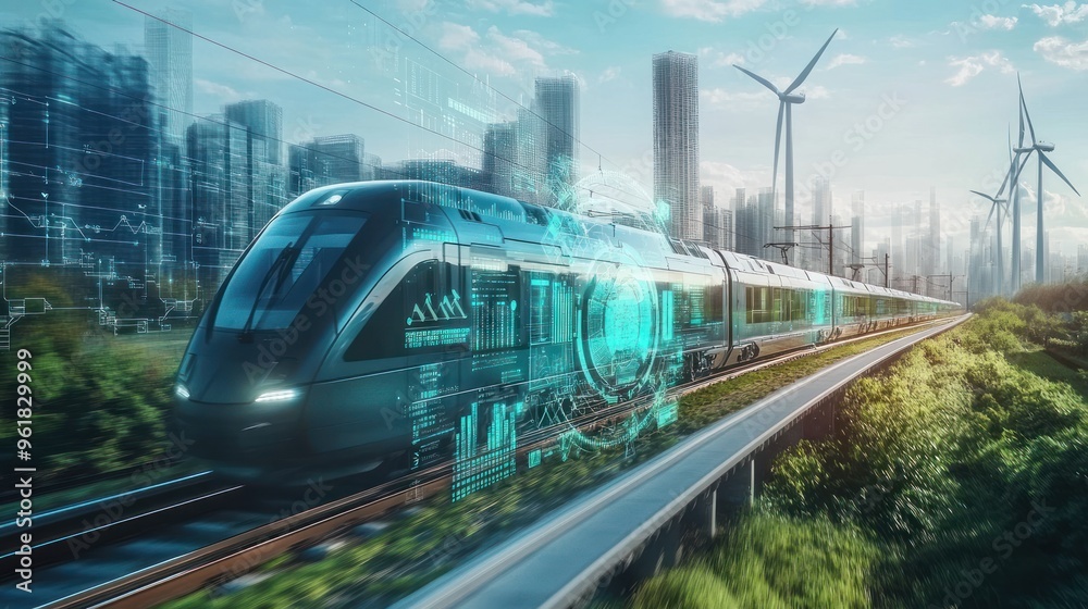 Naklejka premium Sustainable energy windmills turbines in a field with hydrogen pipeline factory near railway.