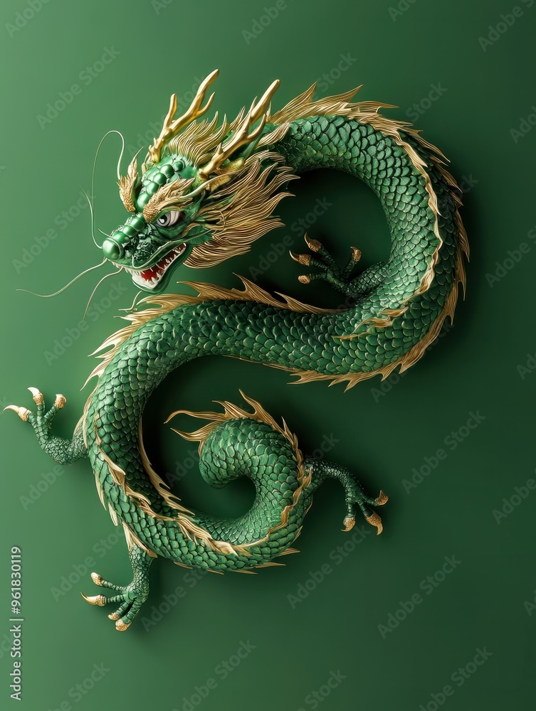 Obraz premium Chinese green wood dragon symbol of happy new year 2024 on green background with space for text