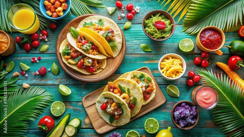 Colorful tropical brunch setting with tacos, margaritas, and tropical treats , Tropical, Brunch, Tacos, Margaritas Colorful tropical brunch setting with tacos, margaritas, and tropical treats , Tropical, Brunch, Tacos, Margaritas