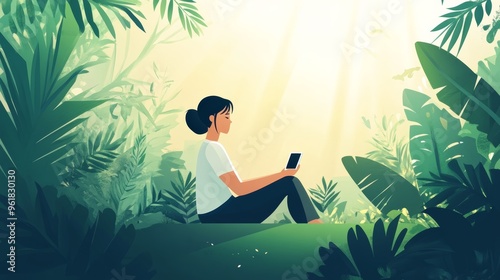 a person relaxing in nature, surrounded by greenery and fresh air, symbolizing digital detox and mindful living