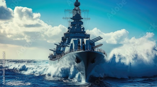 Panoramic view of a naval battleship at sea, with its imposing structure cutting through the waves on a clear, sunny day.