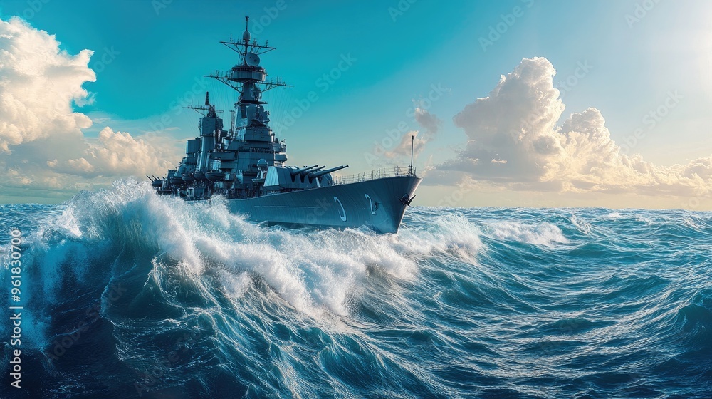 Fototapeta premium Panoramic view of a naval battleship at sea, with its imposing structure cutting through the waves on a clear, sunny day.
