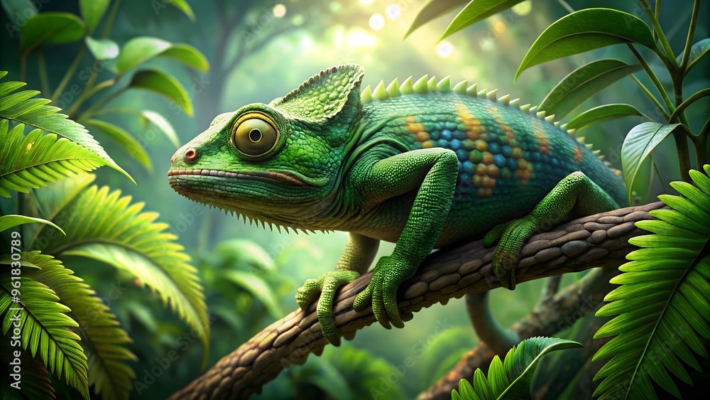 Obraz premium Photorealistic chameleon on tropical plant with lush foliage in natural light. Perfect for: Wildlife documentaries, Nature exhibitions, Tropical rainforest awareness