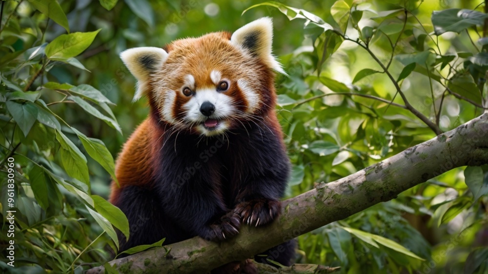 Adorable little red panda in a tree on the forest Adorable little red panda in a tree on the forest