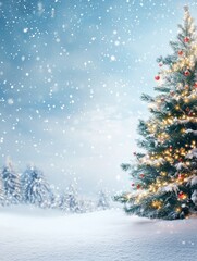 Christmas tree and christmas lights on abstract snowy landscape background, xmas background concept with advertising space