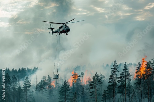 Aerial view of fire suppression pilot engaging rescue mission. Strategic water release from helicopter intense wildfire situation. Effort to extinguish wildfires represents fight climate change. photo