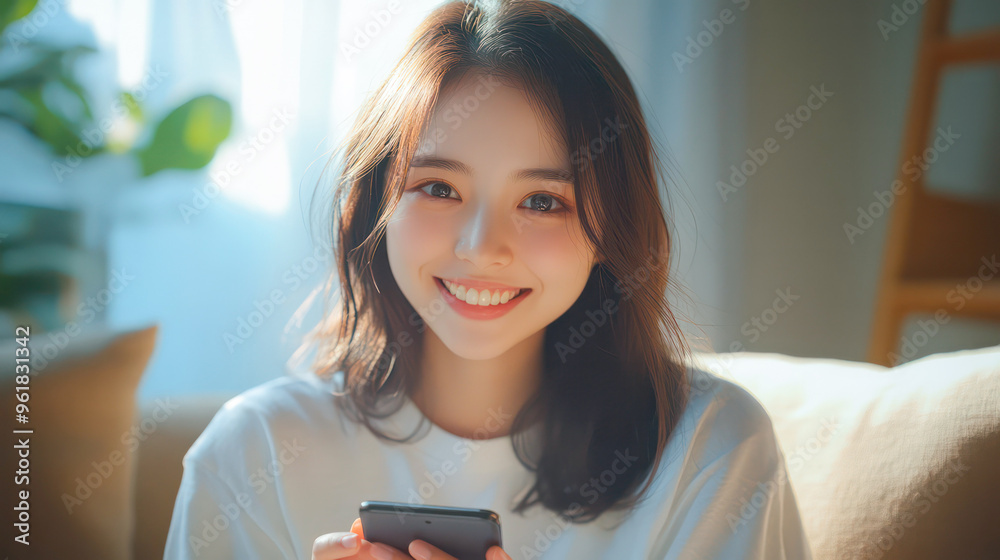 Asian woman smiling while using a smartphone at home in the living room with bright natural light from the window. Generative AI Asian woman smiling while using a smartphone at home in the living room with bright natural light from the window. Generative AI