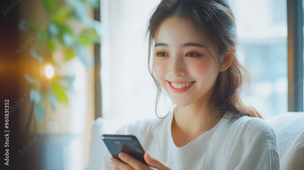 Asian woman smiling while using a smartphone at home in the living room with bright natural light from the window. Generative AI Asian woman smiling while using a smartphone at home in the living room with bright natural light from the window. Generative AI