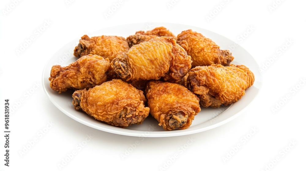 Plate of fried chicken thighs with a crispy exterior and juicy interior, against a pure white background for a classic food shot. Plate of fried chicken thighs with a crispy exterior and juicy interior, against a pure white background for a classic food shot.