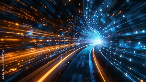 A glowing, blue, and orange tunnel of light