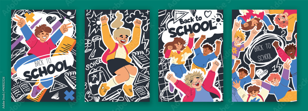 School background. Book children cover, happy student jump. Design banner, funny kids, people isolated, education poster. Concept teaching template. Flyer or card design. Vector training cartoon School background. Book children cover, happy student jump. Design banner, funny kids, people isolated, education poster. Concept teaching template. Flyer or card design. Vector training cartoon