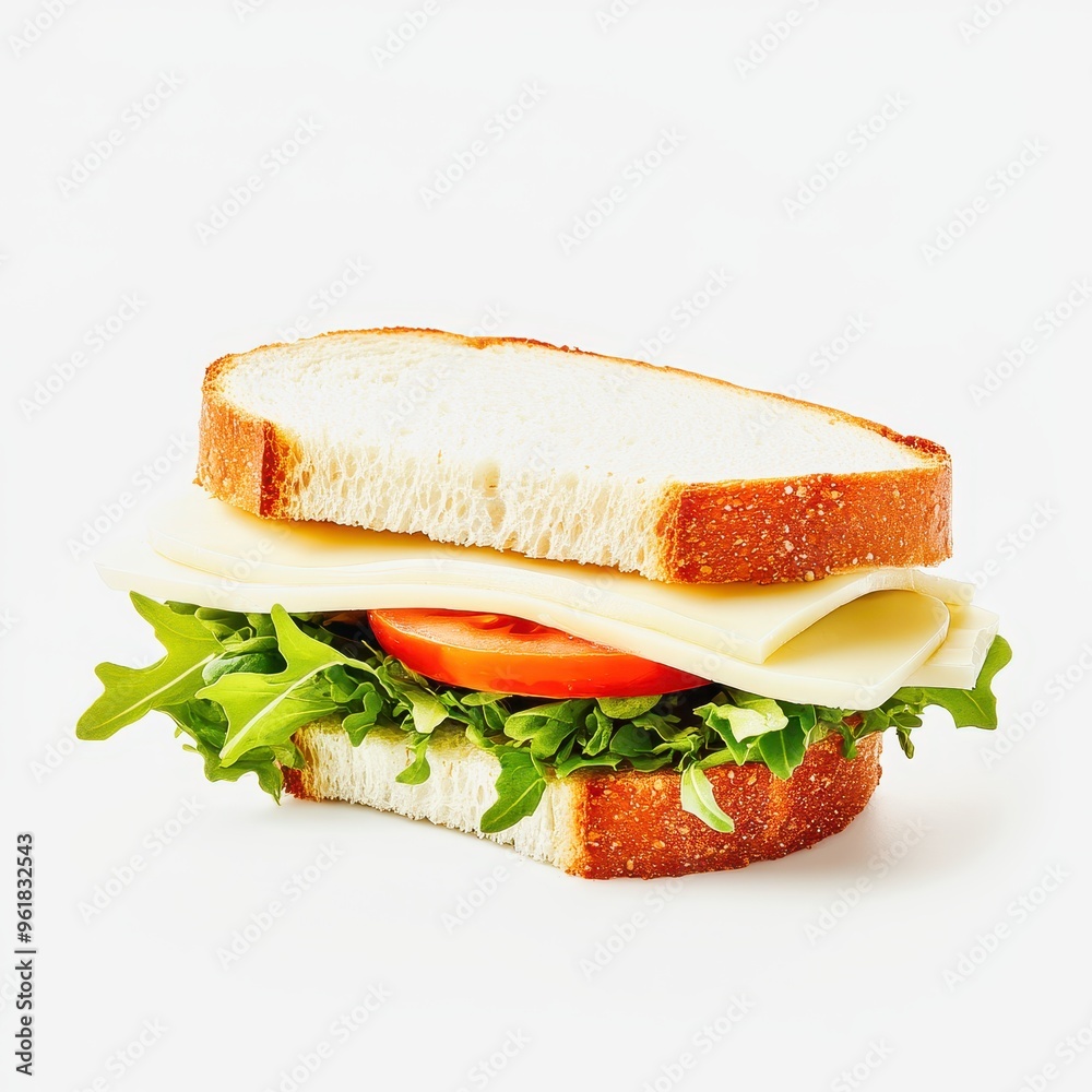 Delicious sandwich with cheese, tomato and arugula on white bread Delicious sandwich with cheese, tomato and arugula on white bread