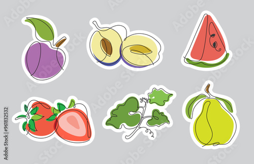 Set of stickers with stylized graphic fruits in minimalist technique