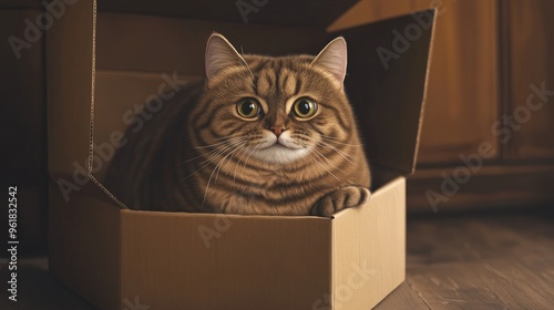 Playful fat cat sitting in a cardboard box that too small for it, with a mischievous look on its face, squeezing into the tight space.