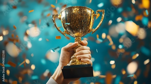 Hand Holding a Trophy: A victorious hand holding up a shiny gold trophy, with confetti falling in the background.
