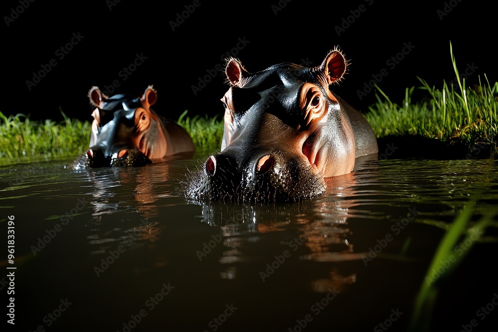 Fototapeta premium African animals, hippos at night, emerging from water to graze on land, their heavy footsteps almost silent in the grass