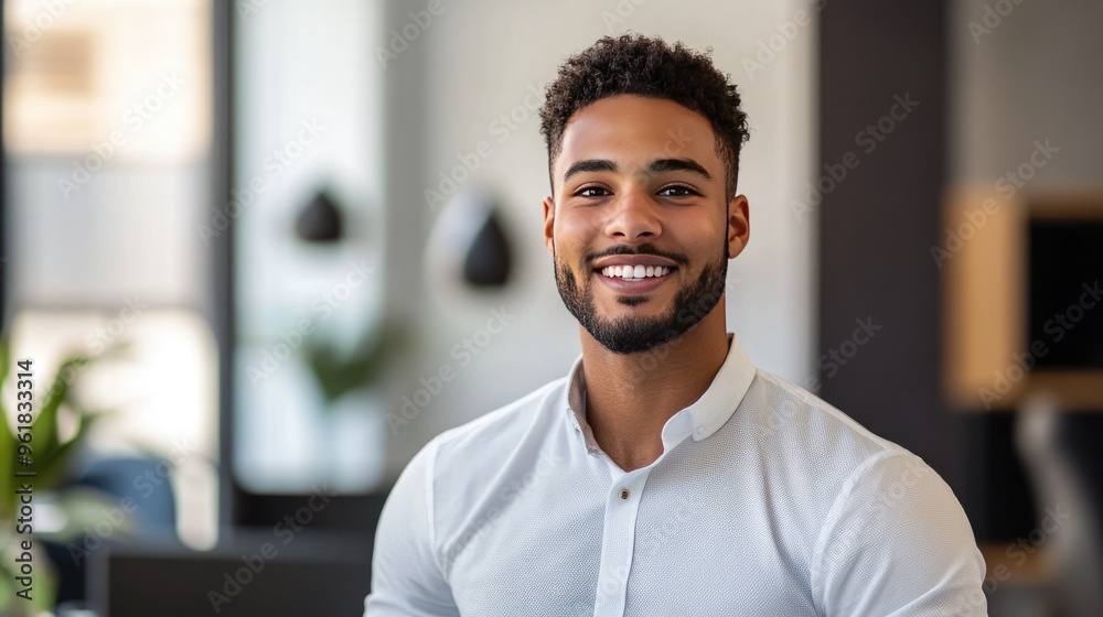Portrait of a young, smiling professional man in business casual attire, with a clear and approachable expression, in a modern office setting. Portrait of a young, smiling professional man in business casual attire, with a clear and approachable expression, in a modern office setting.
