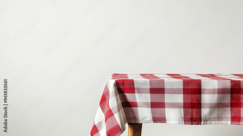 Obraz premium A checkered tablecloth is draped over a wooden table, shown against a white background