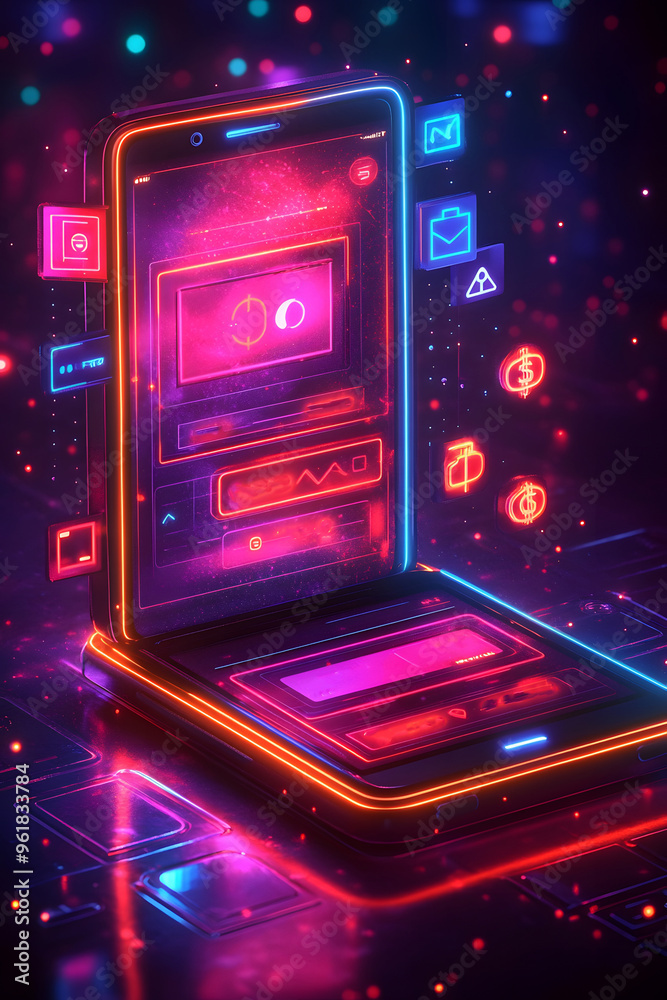 Obraz premium Cartoon 3D mobile app interface with a glowing transaction confirmation and animated currency symbols.