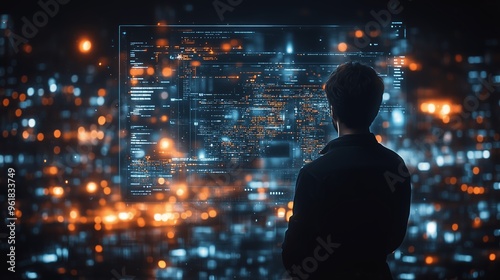 Wallpaper Mural A person analyzing digital data in a futuristic cityscape at night, surrounded by glowing lights and advanced technology Torontodigital.ca