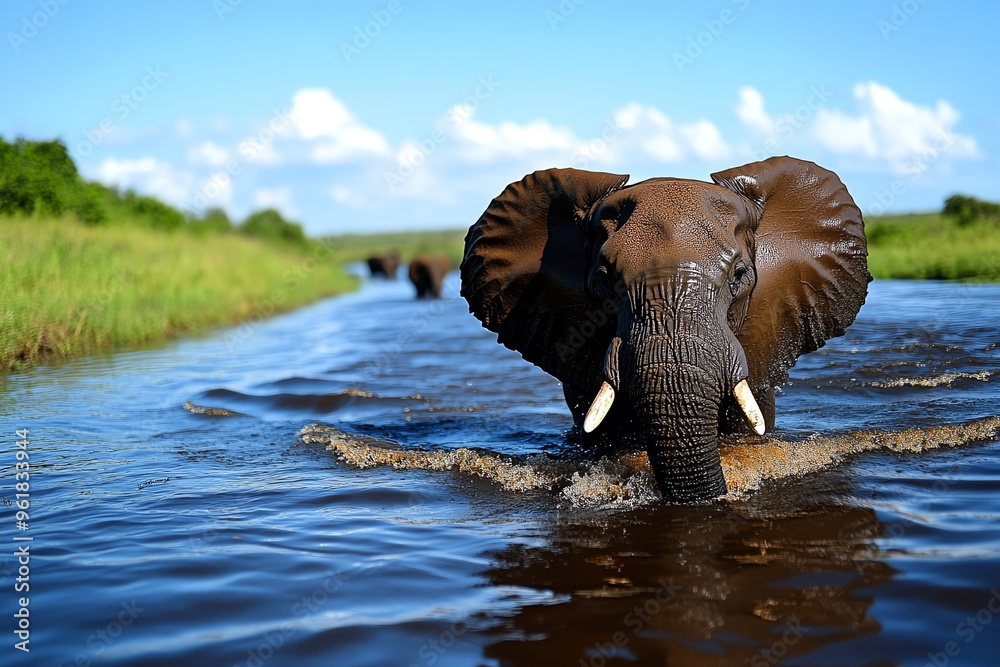 Fototapeta premium African animals, night-time river crossings, dangerous journeys as herds brave the waters, wary of crocodiles lurking below