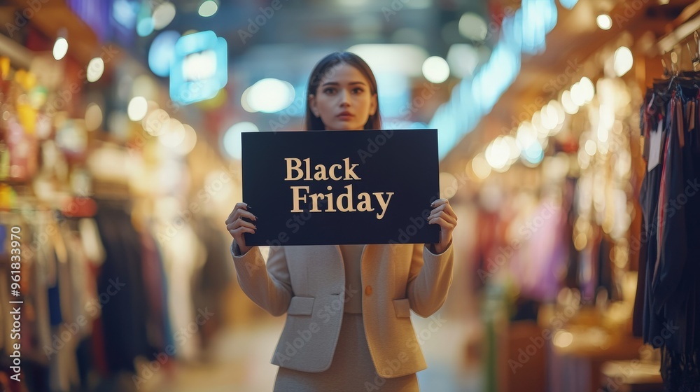 Woman holding black friday sign in clothing store aisle Woman holding black friday sign in clothing store aisle