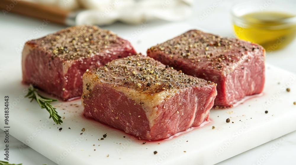 Raw steak with seasoning on a white cutting board, ready for grilling. Clean and fresh look with a focus on the meat quality. Raw steak with seasoning on a white cutting board, ready for grilling. Clean and fresh look with a focus on the meat quality.