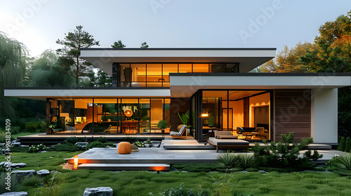Modern House with a Large Deck and Yard Illustration