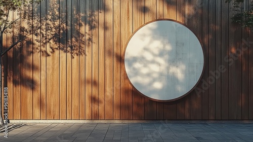 A wooden wall hosts a circular mockup signboard, awaiting a storefront's branding in a street setting 