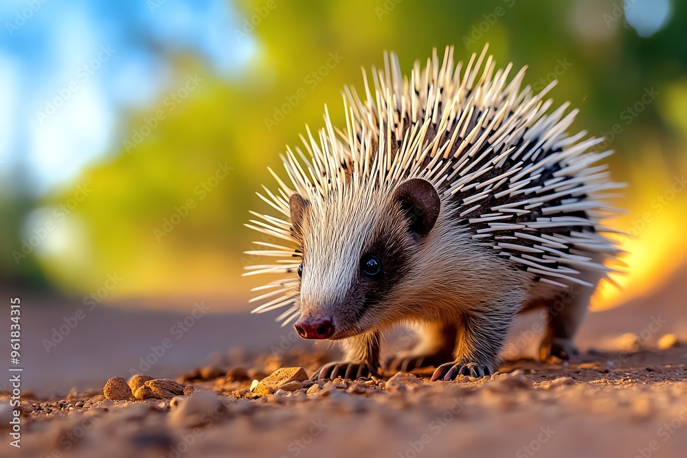 Fototapeta premium African animals, porcupines at night, quills raised as they forage, ready to defend themselves if threatened