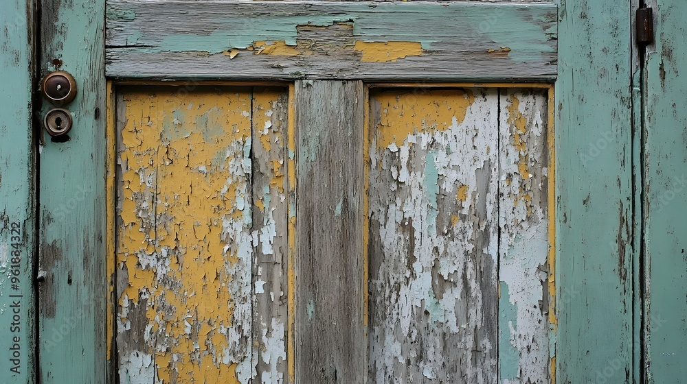 55. Worn, faded wooden door with peeling paint 55. Worn, faded wooden door with peeling paint