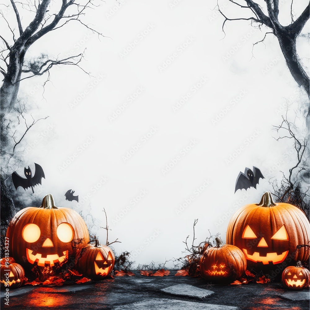 Halloween pumpkins and witch hat framing white blank canvas Halloween pumpkins and witch hat framing white blank canvas