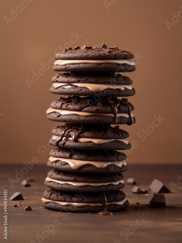 Chocolate filled cookies stacked against brown background 