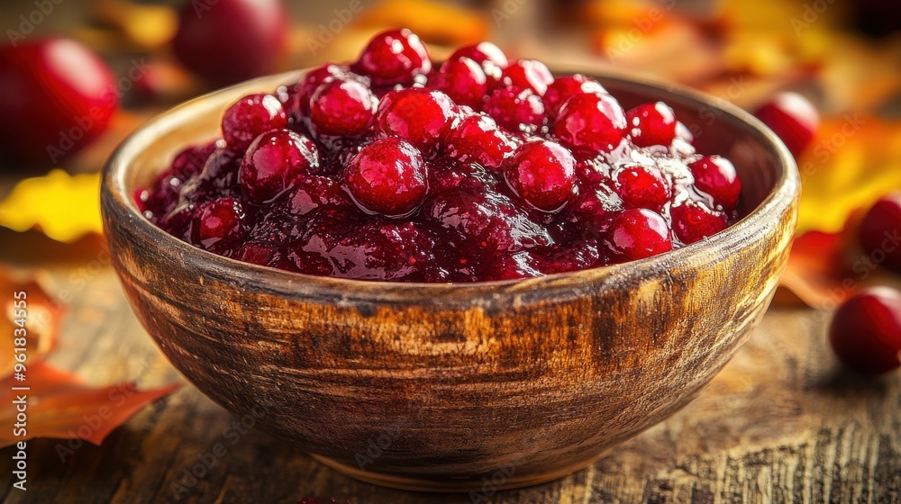 A rustic wooden bowl filled with vibrant, juicy cranberry sauce, perfect for autumn and holiday feasts, placed on a wooden table with fall leaves. A rustic wooden bowl filled with vibrant, juicy cranberry sauce, perfect for autumn and holiday feasts, placed on a wooden table with fall leaves.