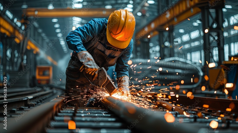 Worker Grinding Railroad Track with Sparks Flying Worker Grinding Railroad Track with Sparks Flying